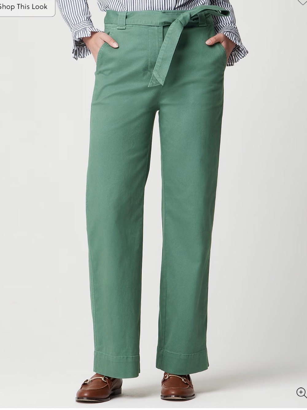 NWT New J. Crew Twill Wide Leg Tie Waist Chino Pant Slash Pockets Green 4